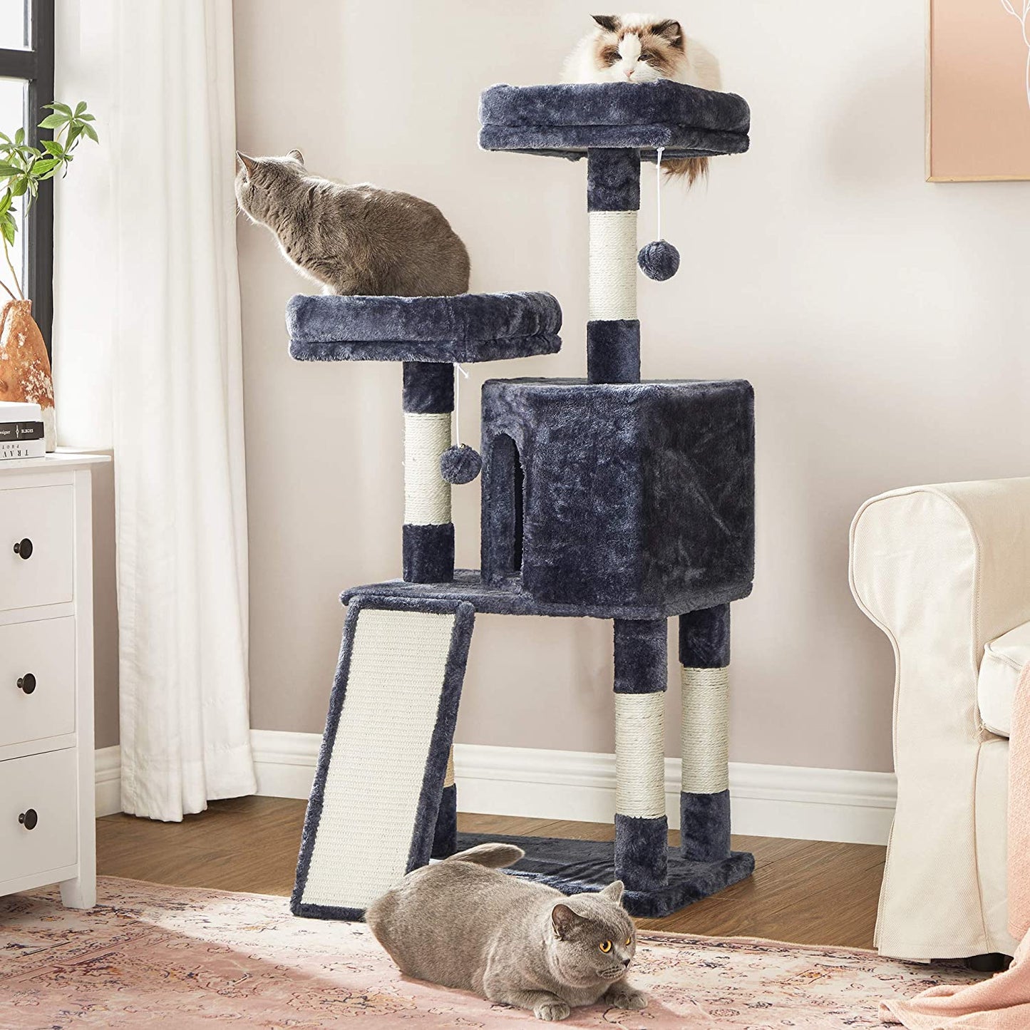 Nancy's Burton Scratching Post - Cat Tree - Cat Cave - 4 Levels - Smoke Gray - Beige - Plush - Sisal - 50 x 35 x 115 cm