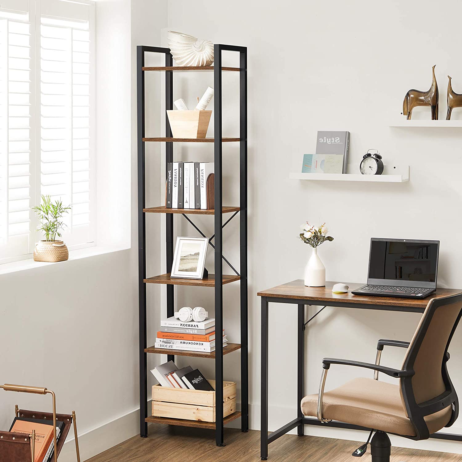 Nancy's Covina Opbergrek - Boekenrek - Open Kast - Wandkast - Bruin / Zwart - ± 40 x 30 x 190 cm