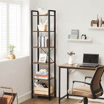 Nancy's Covina Storage Rack - Bookshelf - Open Cabinet - 6 Levels - Vintage - Industrial - Brown - Processed Wood - Metal - 40 x 30 x 178.6 cm