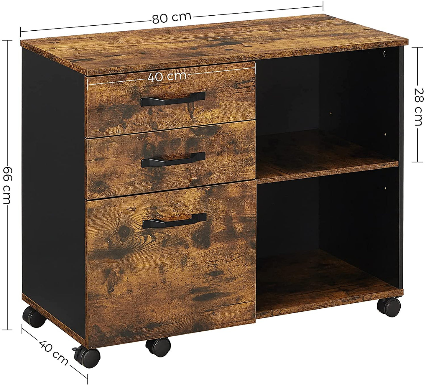 Nancy's Haystack Filing Cabinet - Rolling Container - On Wheels - 3 Drawers - Open Compartments - Industrial - Processed Wood - Metal - Brown - Black - 80 x 40 x 66 cm 