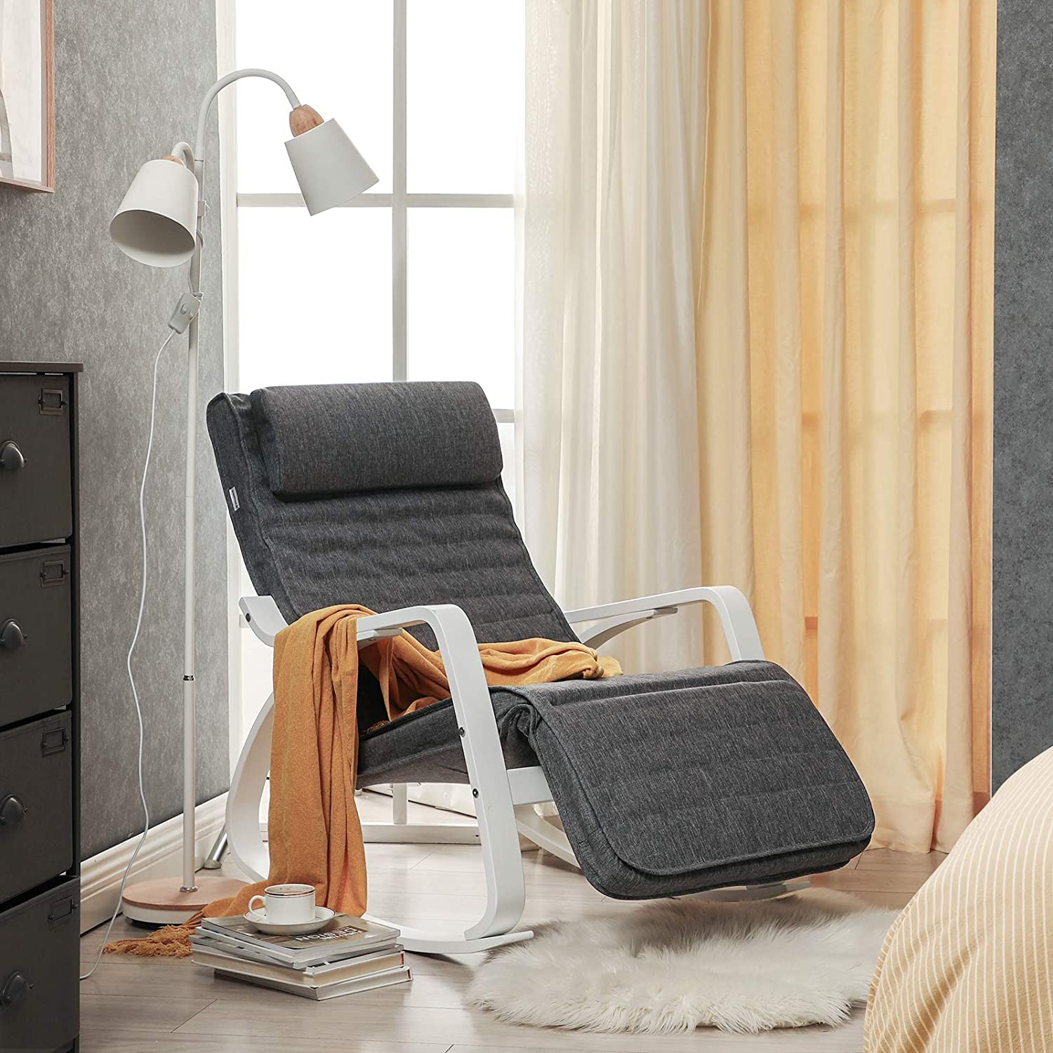 Nancy's San Felipe Schommelstoel - Relax Fauteuil - Loungestoel - Wit / Grijs - Linnen / Berkenhout