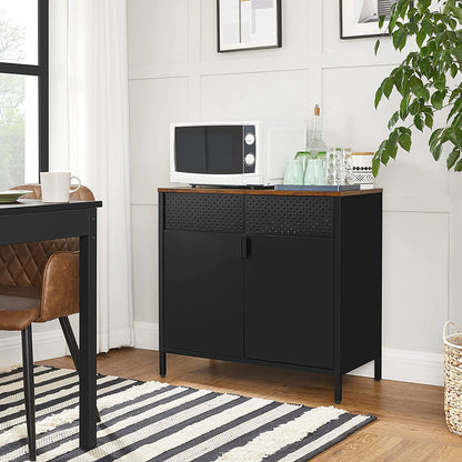 Nancy's Chateh Dressoir - Sideboard - Opbergkast - Magnetische Sluiting - Verstelbare Planken - Metaal - Bewerkt Hout - Bruin - Zwart - 80 x 40 x 76 cm