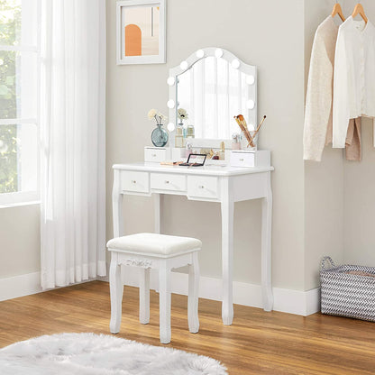 Nancy's Gonthier Kaptafelset - Make-Up Tafel - Krukje - Spiegel - Verlichting - Opbergbox - 6 Vakken - 5 Lades - Wit - Bewerkt Hout - 80 x 40 x 139 cm