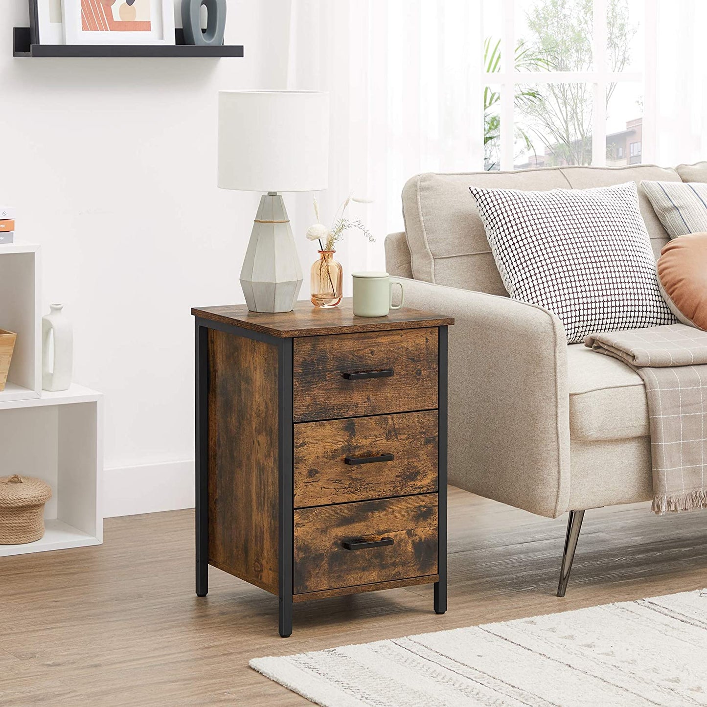 Nancy's Porterville Bedside table - Chest of drawers - Side table - 3 Drawers - Industrial - Brown - Black - Engineered Wood - Metal - 40 x 40 x 60 cm