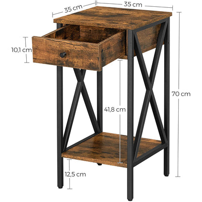 Nancy's Grenada Bedside table - Side table - Drawer - 2 Shelves - 35 x 35 x 70 cm - Industrial - Vintage - Brown-Black