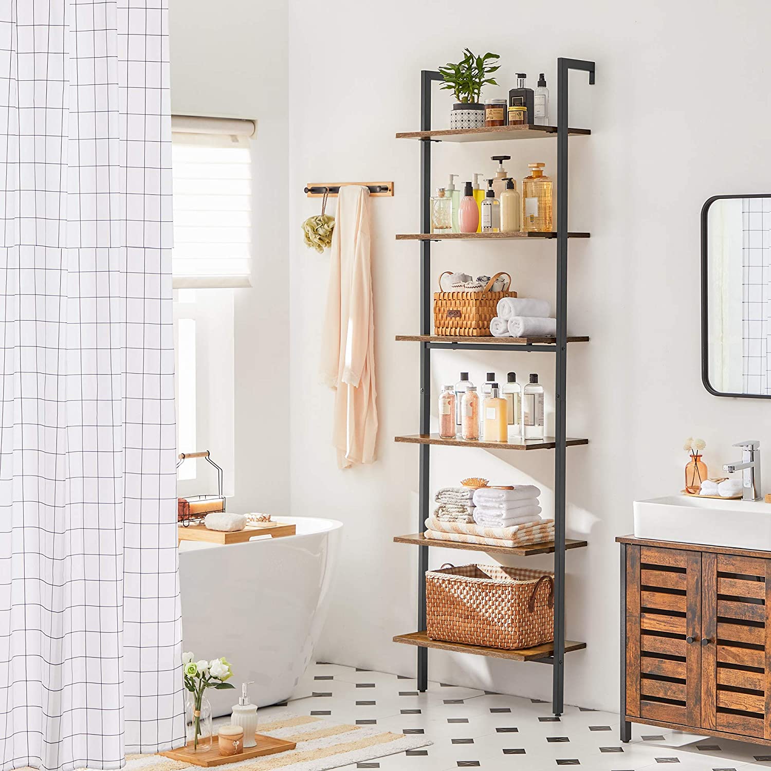Nancy's Wellington Boekenregaal - Ladderkast - Wandkast - Boekenrek - Opbergruimte - Bruin - ± 60 x 30 x 205 cm