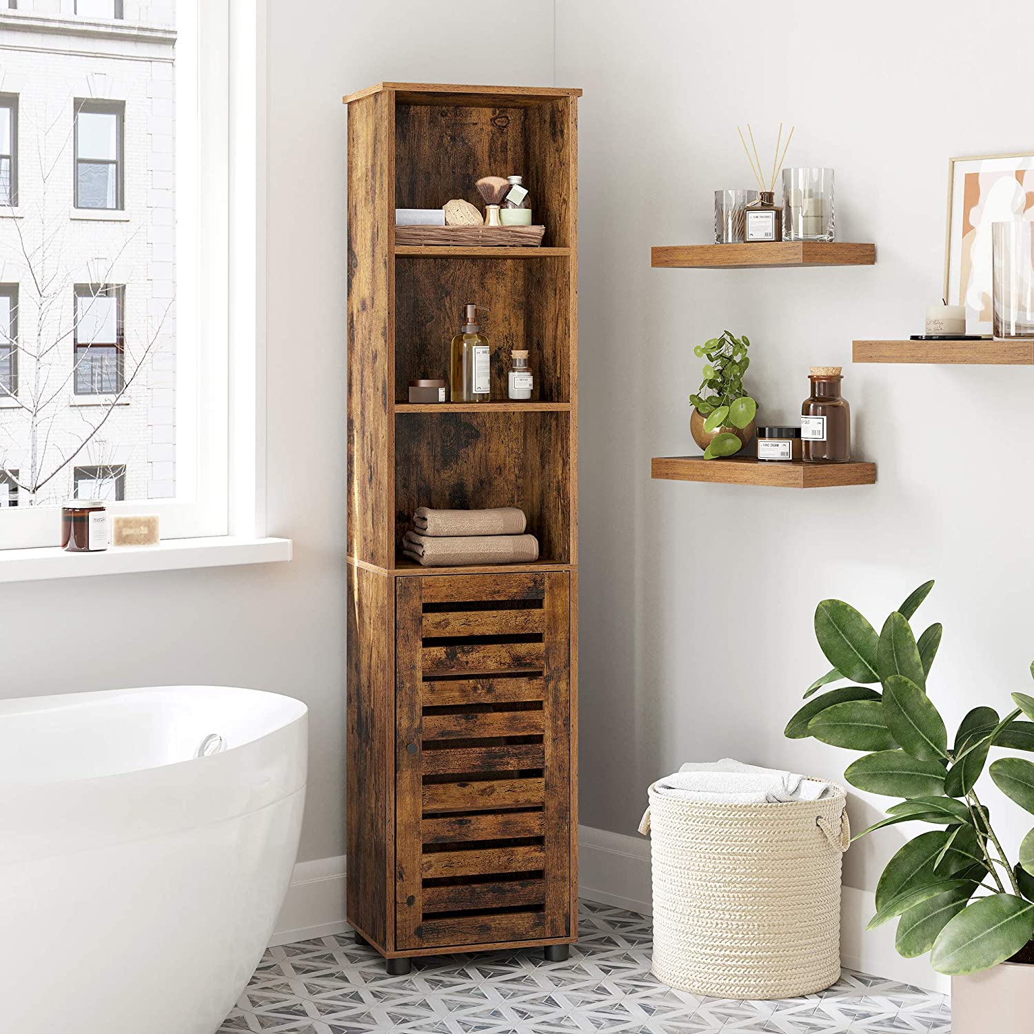 Nancy's Palm City Badkamerkast - Opbergkast - Badkamermeubel - Vintage Bruin - ± 40 x 30 x 165 cm