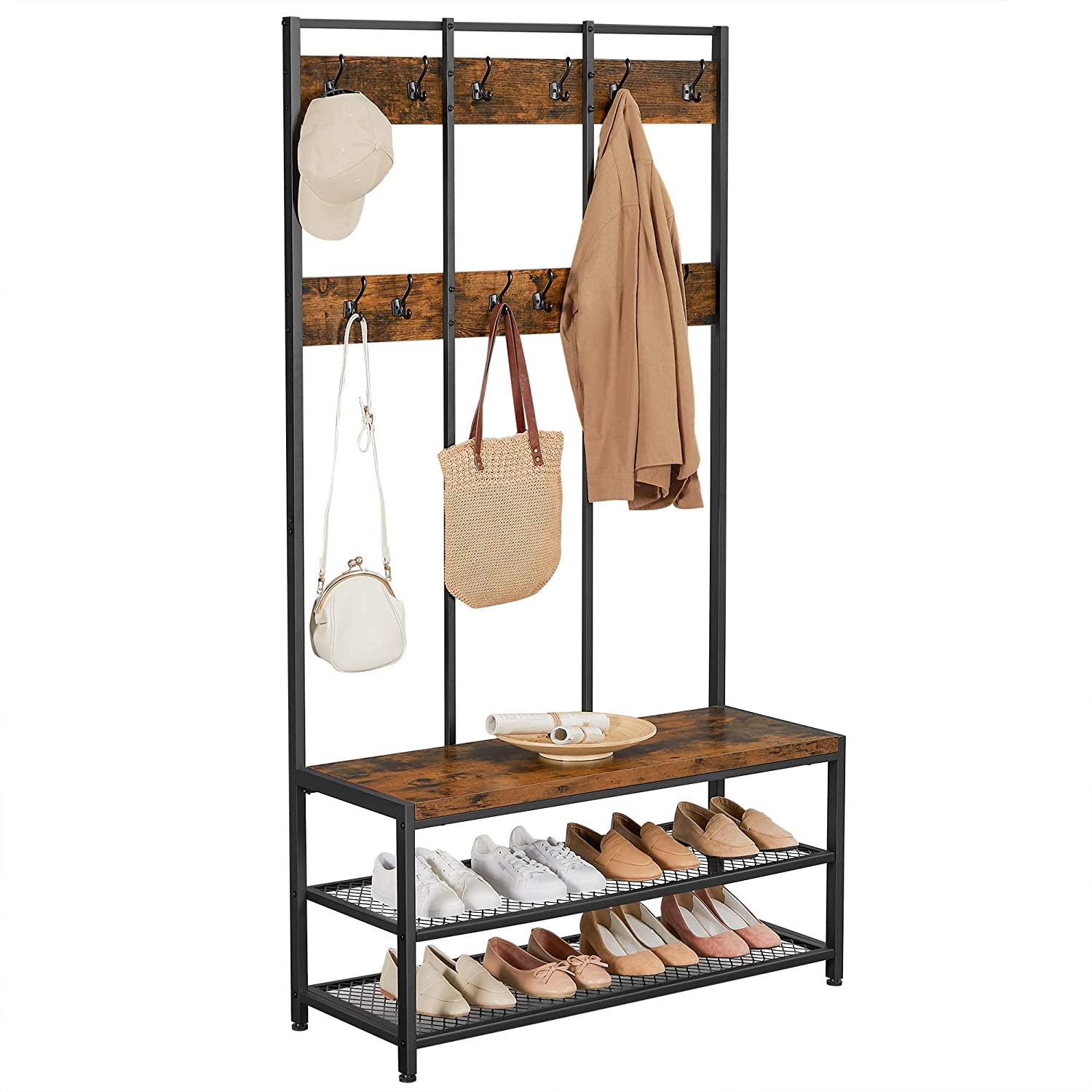 Nancy's Greenfield Kapstok - Garderoberek - 12 Haken - Schoenenrek - Vintage Bruin / Zwart - ± 100 x 40 x 185 cm