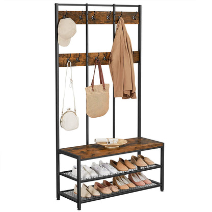 Nancy's Greenfield Kapstok - Garderoberek - 12 Haken - Schoenenrek - Vintage Bruin / Zwart - ± 100 x 40 x 185 cm