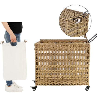 Nancy's Handgeweven 143L Wasmand - 3 compartimenten - Opbergmand - Verwijderbare voeringzakken - Naturel/Wit/Grijs - 66 x 35 x 60,5 cm