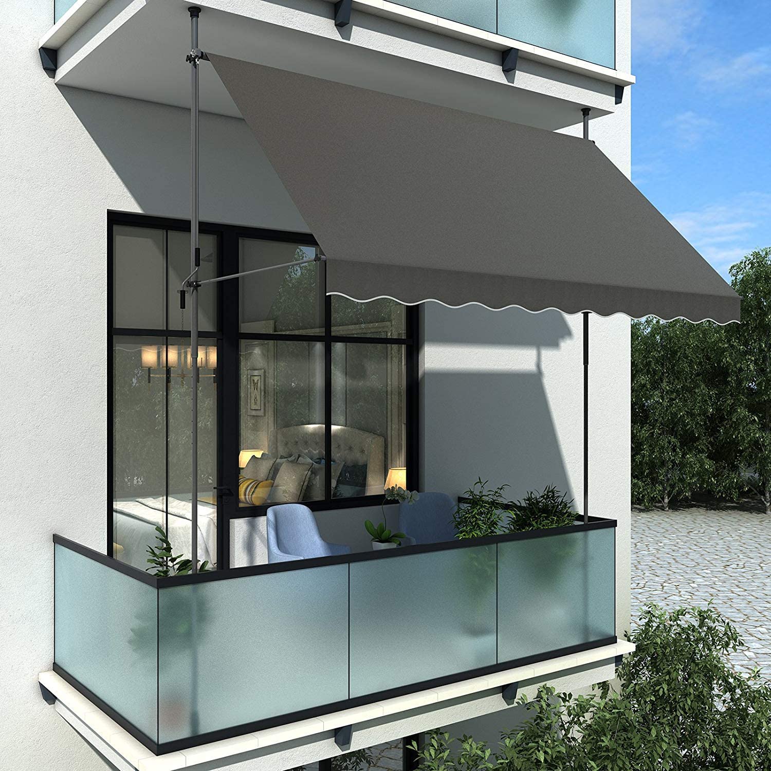 Auvent Nancy's Breslau - Protection solaire - Jardin - Balcon - Hauteur réglable - Aluminium - Polyester - Gris - 150 x 130 cm