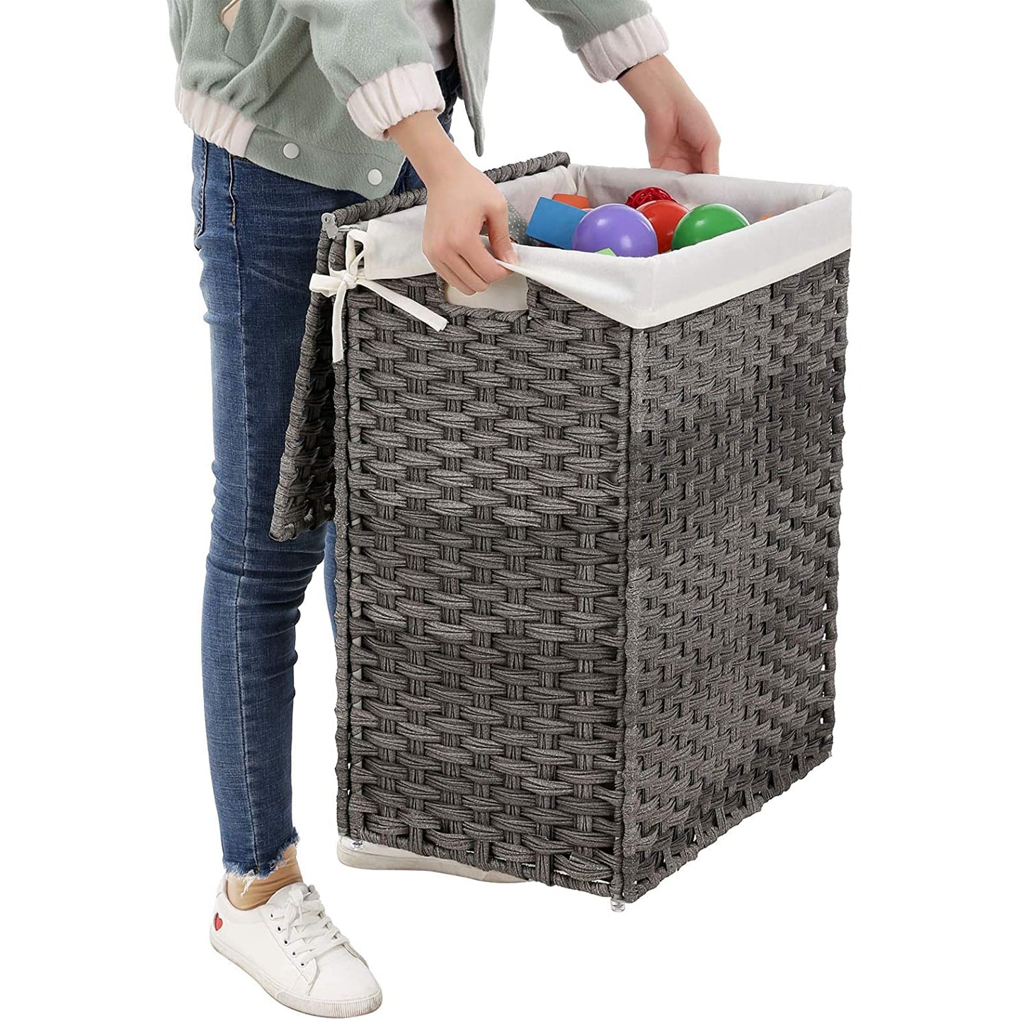 Nancy's 90L wasmand - Handgeweven wasmand - Synthetisch - Opvouwbare wasmand - Grijs - 46 x 33 x 60 cm