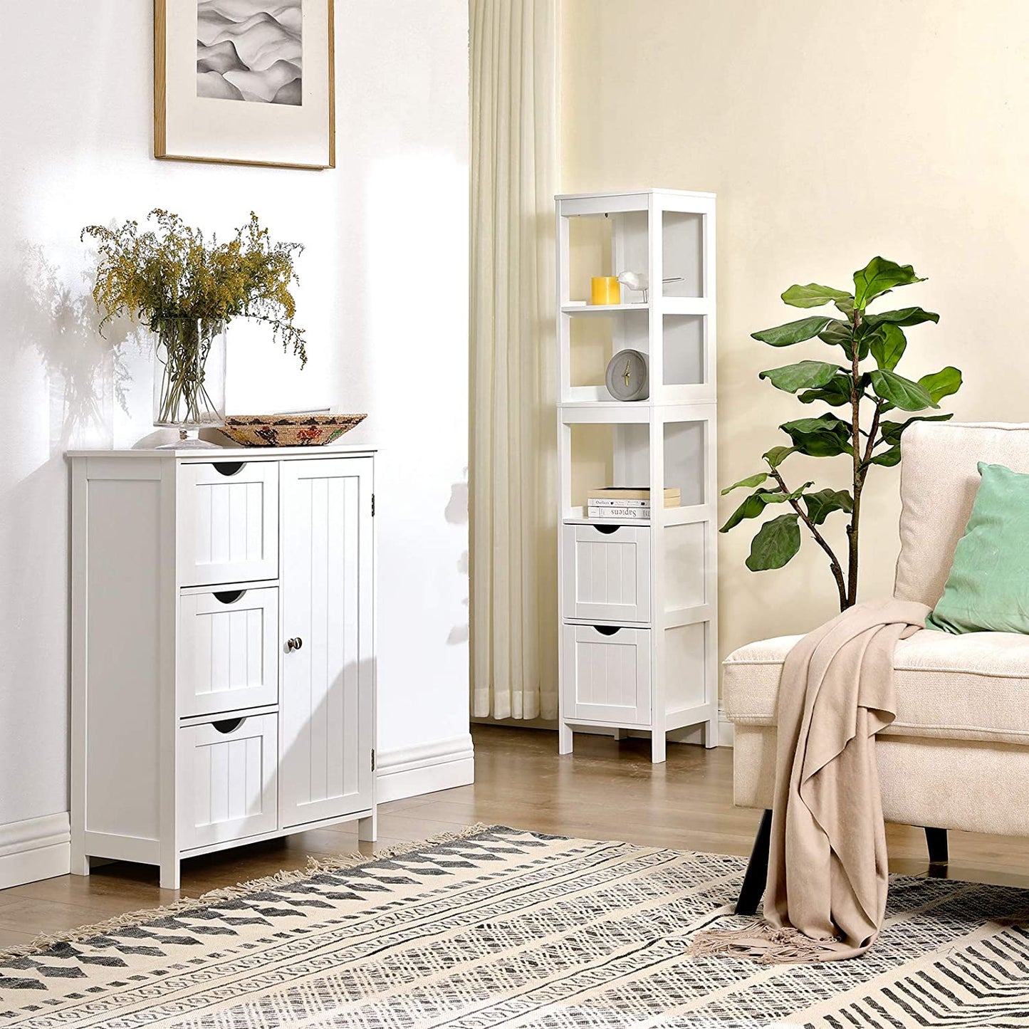 Nancy's Blanding Storage Cabinet - Bathroom Cabinet - 2 Drawers - 3 Open Compartments - 30 x 30 x 141.5 cm - White 