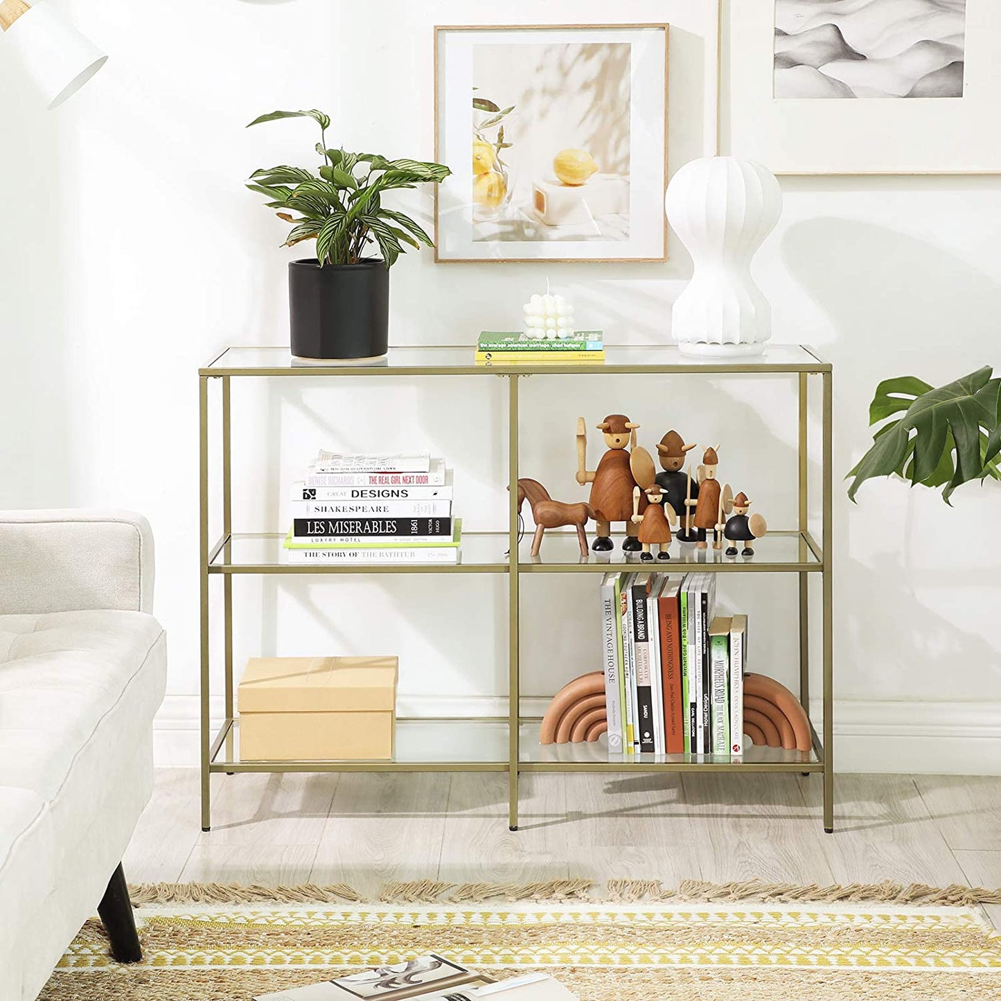 Nancy's Canisbay Sidetable - Bijzettafel - 3 Planken - Opbergrek - Glas - Metaal - Goud - 30 x 100 x 73 cm