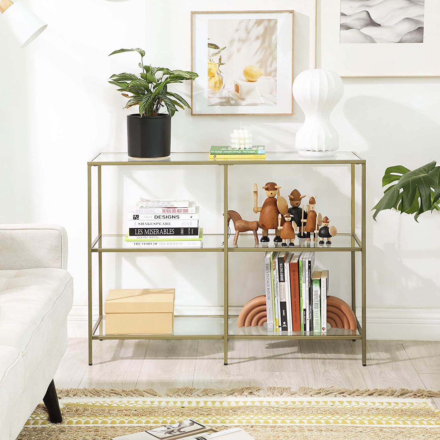 Nancy's Canisbay Sidetable - Bijzettafel - 3 Planken - Opbergrek - Glas - Metaal - Goud - 30 x 100 x 73 cm