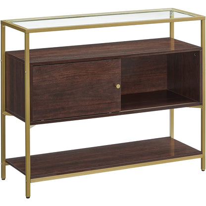 Nancy's Oviedo Dressoir - Keukenkast - Opbergkast - Schuifdeur - Bijzettafel - Gehard Glas - Bewerkt Hout - Bruin - Goud - 100 x 35 x 80 cm