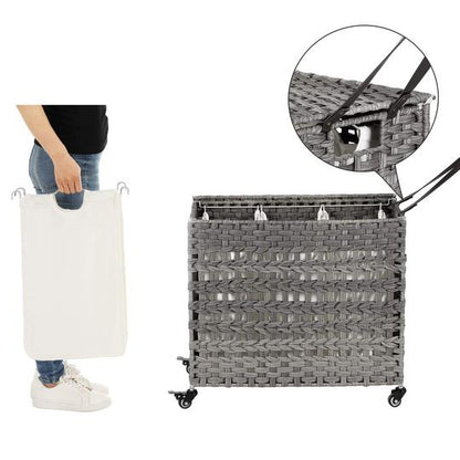Nancy's Handgeweven 143L Wasmand - 3 compartimenten - Opbergmand - Verwijderbare voeringzakken - Naturel/Wit/Grijs - 66 x 35 x 60,5 cm