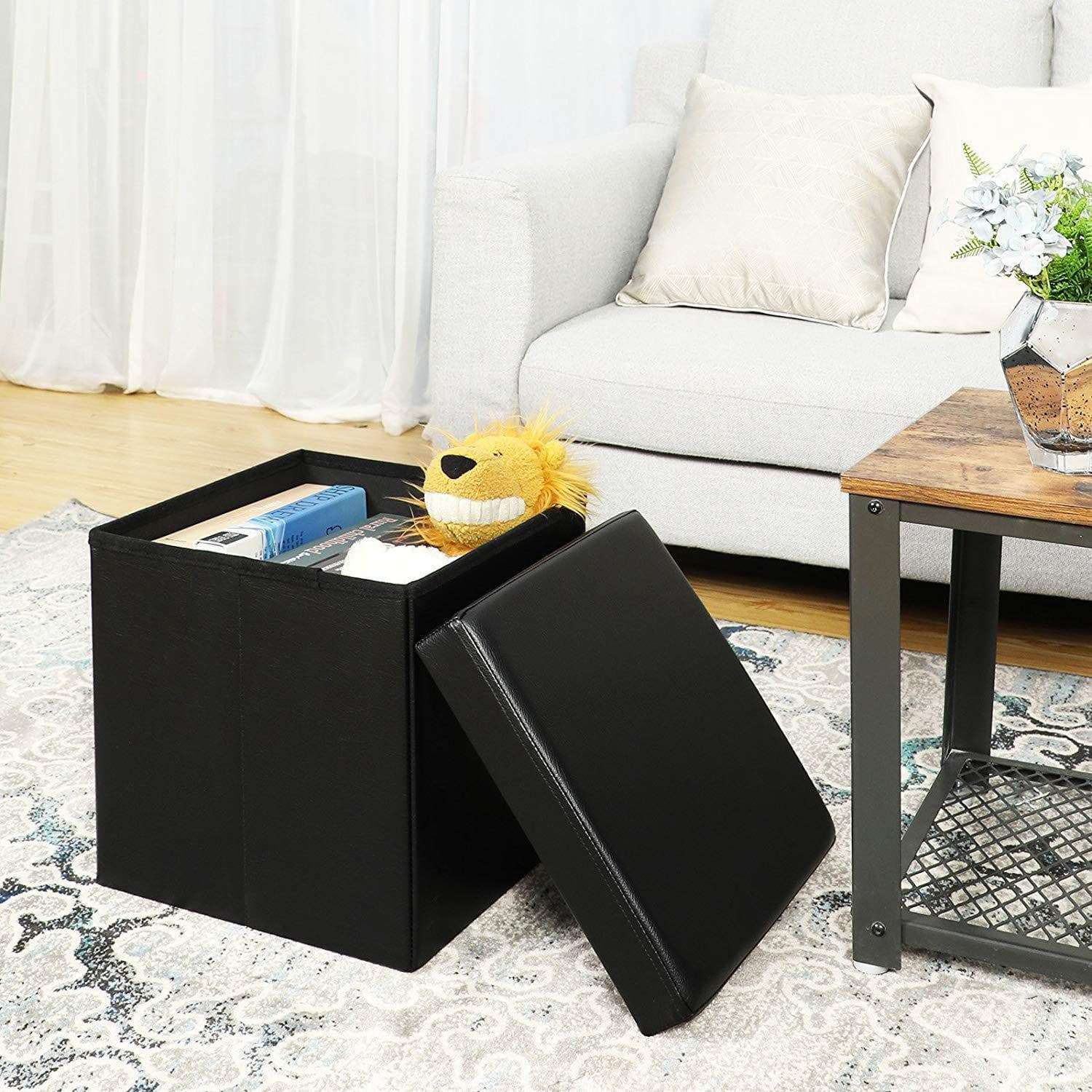 Tabouret Pliable Nancy - Hocker - Table d'appoint - Espace de rangement - Noir - 38 x 38 x 38 cm