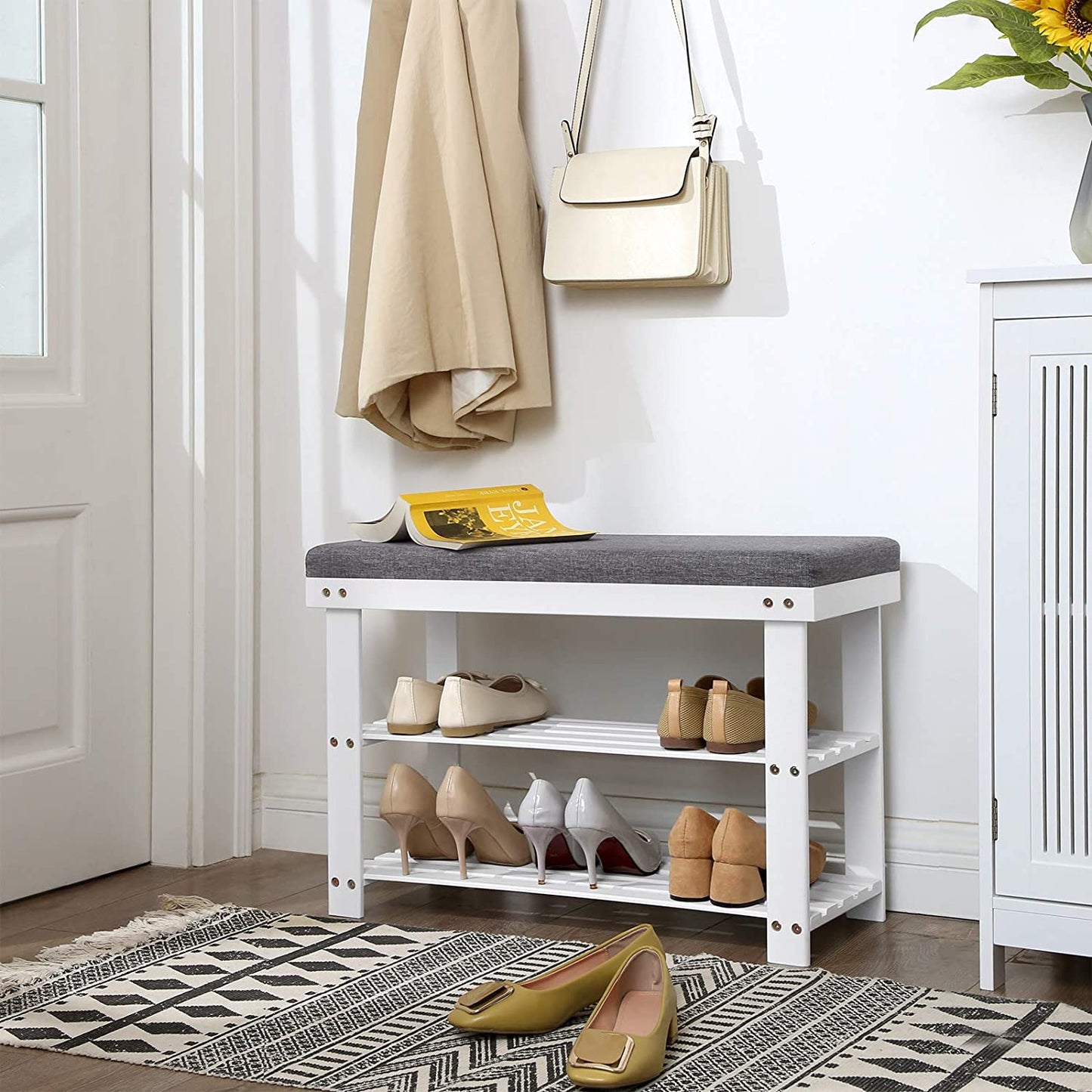 Nancy's Greenhill Shoe Bench - Shoe Rack - Bamboo - 2 Shelves - Seat - Gray - 71 x 29 x 49 cm 