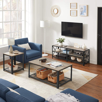 Nancy's Hawkshaw TV Meubel - TV Kast - Lowboard - Opbergruimte - Open Vakken - Tot 60/70 Inch - Staal - Bewerkt Hout - Natuurlijk - Grijs - 140/60 x 39,2 x 50 cm
