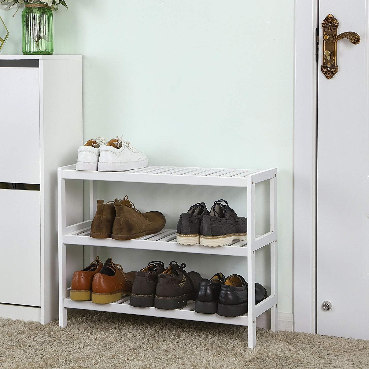 Nancy's Boliqueime Schoenenrek - Schoenenbank - Opbergrek - Voor 12 Paar Schoenen - Wit - Bamboe - ± 70 x 30 x 10 cm