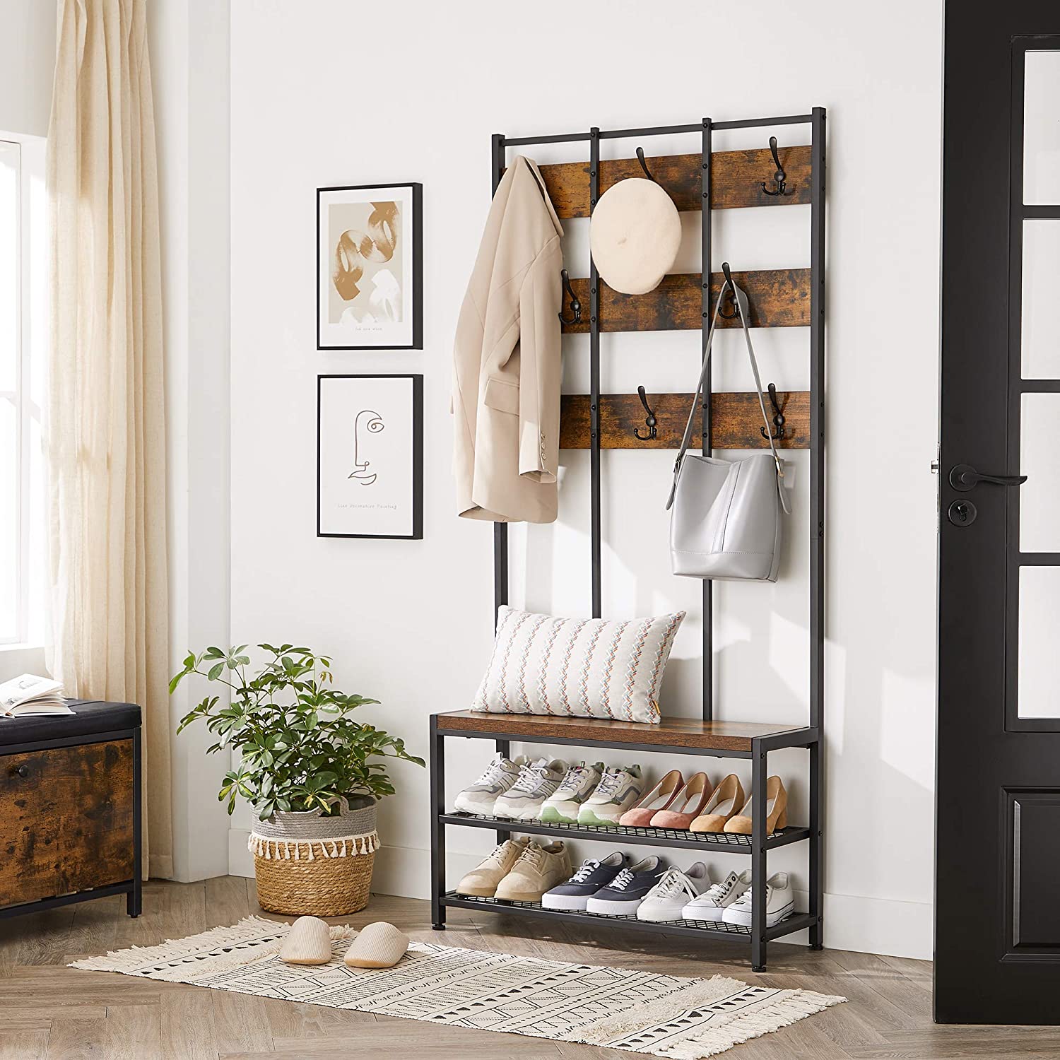 Nancy's Sinton Kapstok - Garderoberek - 8 Haken - Bank - Schoenenrek - Vintage Bruin / Zwart - ± 85 x 30 x 185 cm