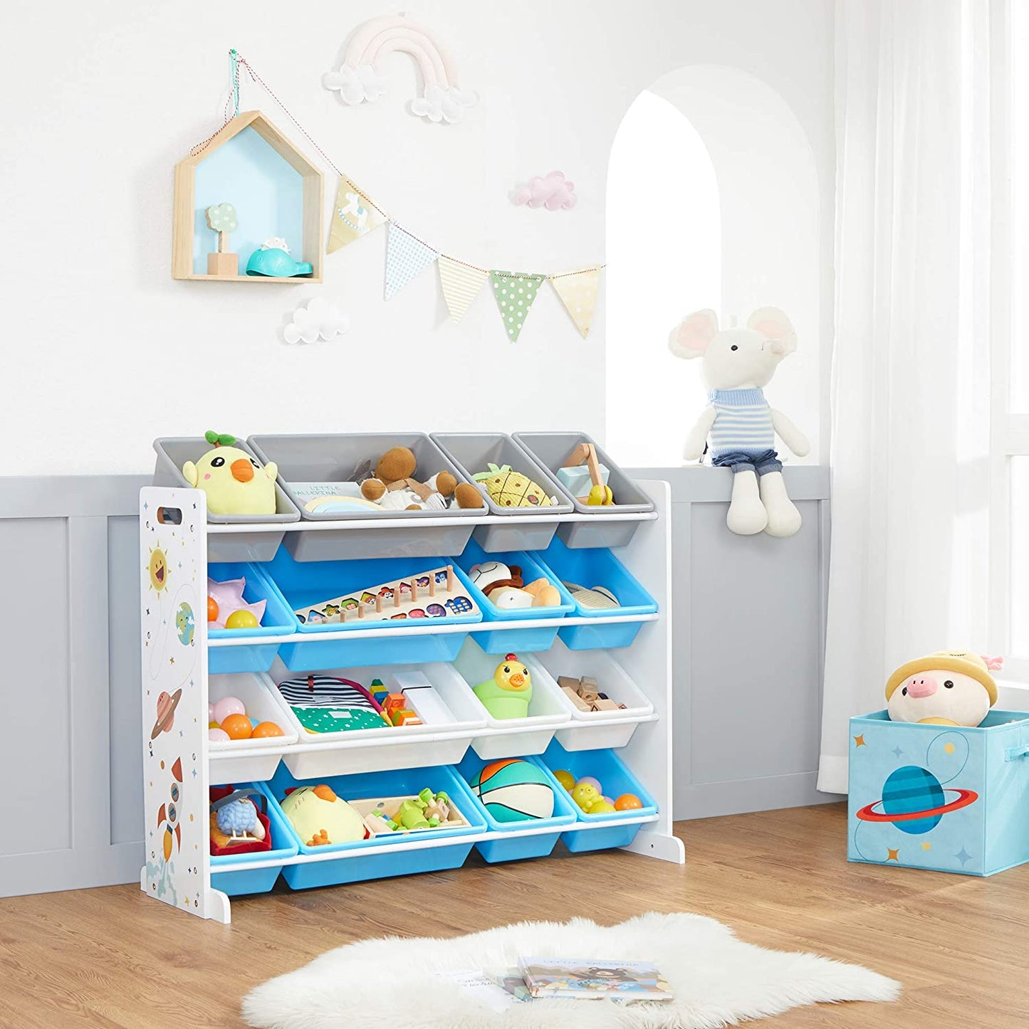 Nancy's Fossmill Speelgoed Organizer - Kinderkamer - Opslagkast - 16 Dozen - Kunststof - Blauw - Wit - Grijs - 106 x 26,5 x 78 cm