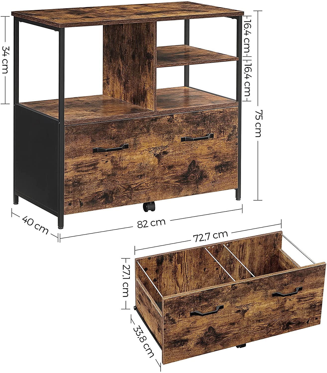 Nancy's Coppell Archiefkast - Kantoorkast - Ladekast - Opbergkast - Bruin / Zwart - ± 80 x 40 x 75 cm
