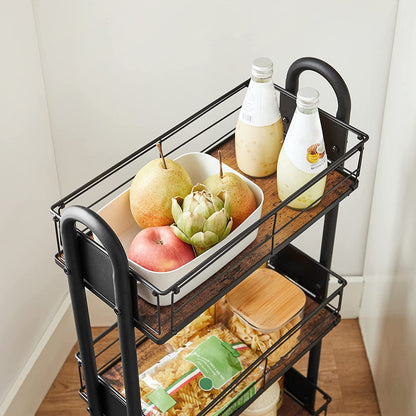 Nancy's Charters Keukentrolley - Keukenwagen - Op Wieltjes - 3 Niveaus - 360° Draaibaar - Bruin - Zwart - Bewerkt Hout - Metaal - 42,5 x 35 x 83 cm