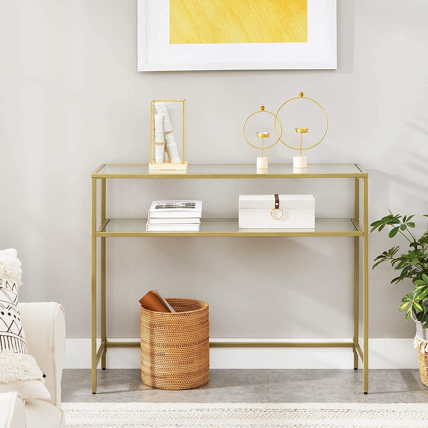 Nancy's Goldfield Console Tafel - Bijzettafel - 2 Niveaus - Gehard Glas - Metalen Frame - Verstelbare Poten - Goud - 100 x 35 x 80 cm