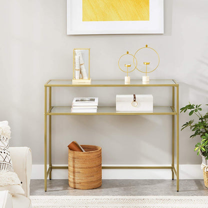 Nancy's Goldfield Console Tafel - Bijzettafel - 2 Niveaus - Gehard Glas - Metalen Frame - Verstelbare Poten - Goud - 100 x 35 x 80 cm