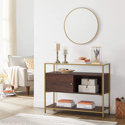 Nancy's Oviedo Dressoir - Keukenkast - Opbergkast - Schuifdeur - Bijzettafel - Gehard Glas - Bewerkt Hout - Bruin - Goud - 100 x 35 x 80 cm