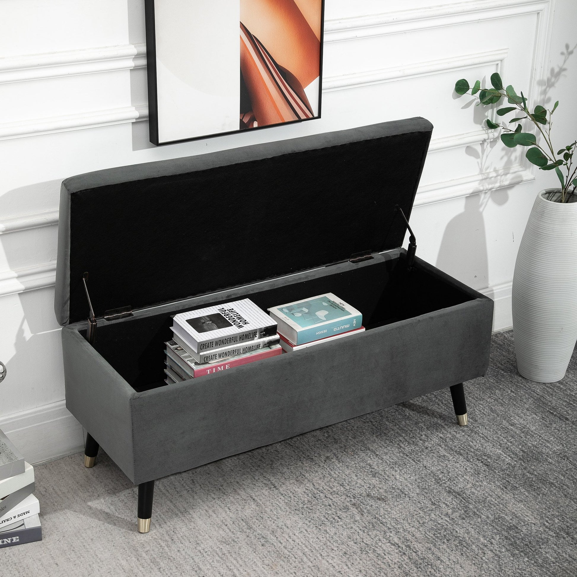 Nancy's Shreveport Opbergbank - Schoenenbank - Opbergkist - Voetenbank - Grijs - Fluweel - ± 110 x 45 x 45 cm
