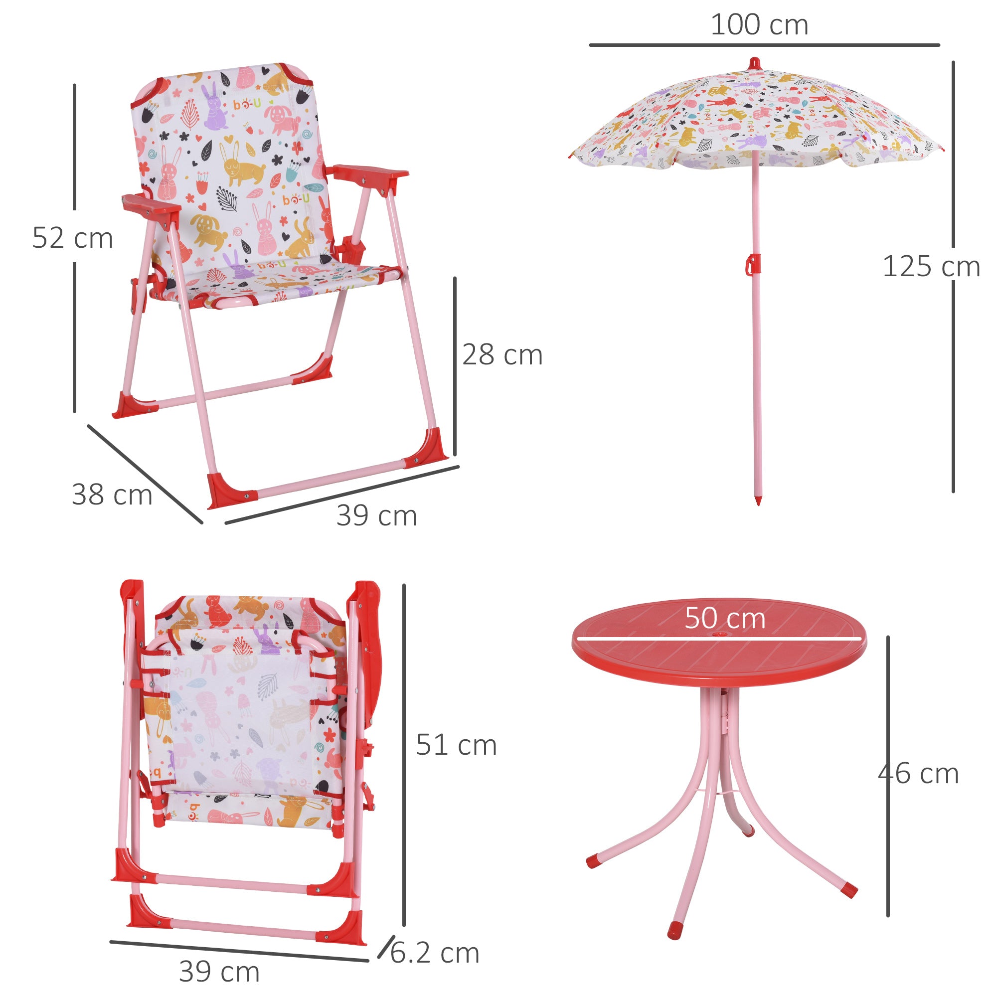 Nancy's Shoshoni Children's Seating Group - Garden Table - Folding Chairs - With Parasol - Metal - Red