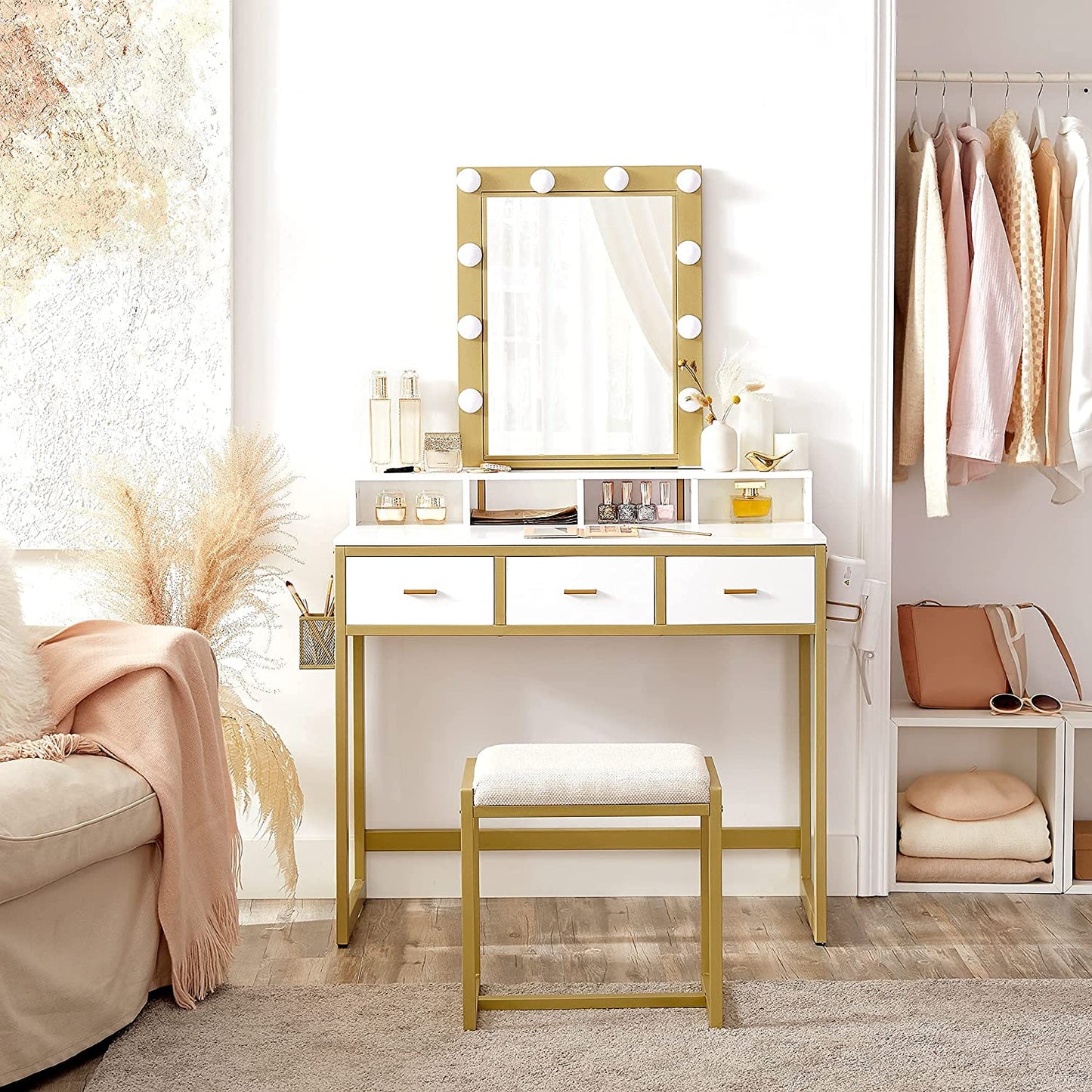Nancy's Caribou Dressing Table - Cosmetics Table - Stool - 10 LED Lamps - Mirror - 3 Drawers - White - Gold - 90 x 40 x 145.5 cm