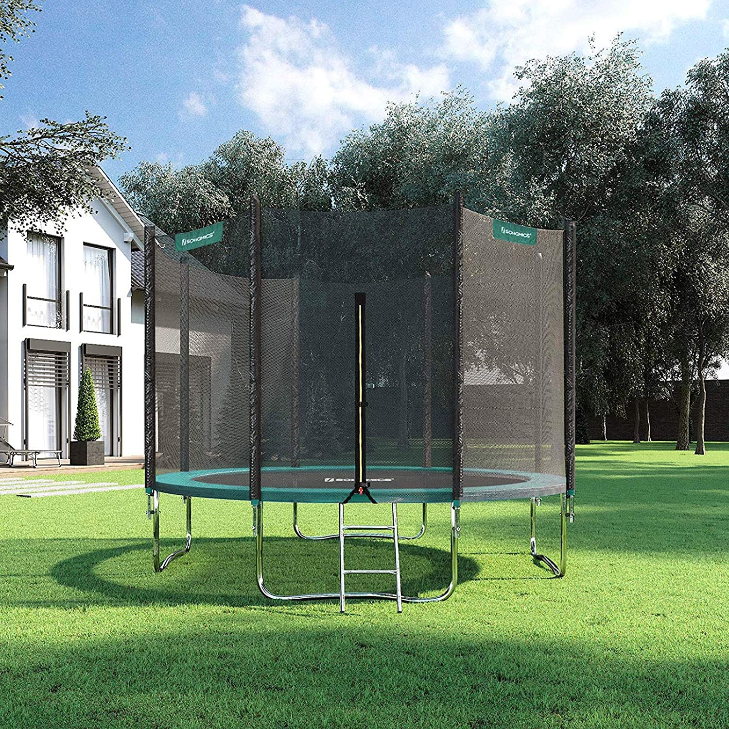 Nancy's Draper Trampoline - Tuintrampoline - Veiligheids Behuizing - Ladder - Zwart - Groen - Zilver - Staal - 305/366 cm