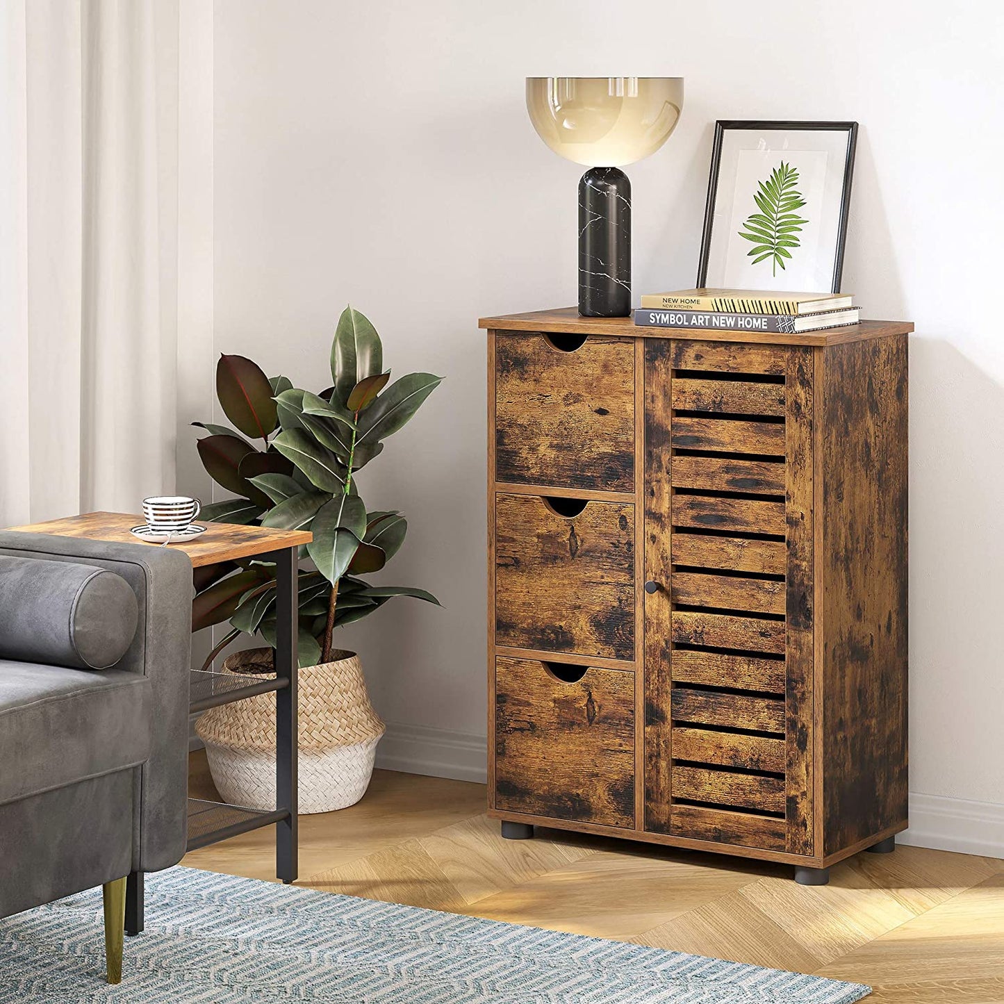 Nancy's Cupertino Sideboard - Storage Cabinet - Sideboard - 3 Drawers - Opening Door - Adjustable Shelves - Brown - Black - Industrial - Engineered Wood - Metal - 60 x 30 x 80 cm