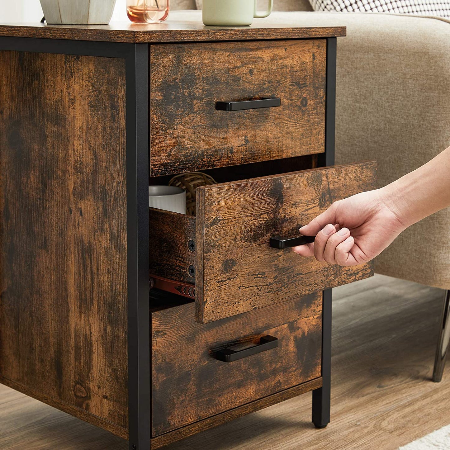 Nancy's Porterville Bedside table - Chest of drawers - Side table - 3 Drawers - Industrial - Brown - Black - Engineered Wood - Metal - 40 x 40 x 60 cm