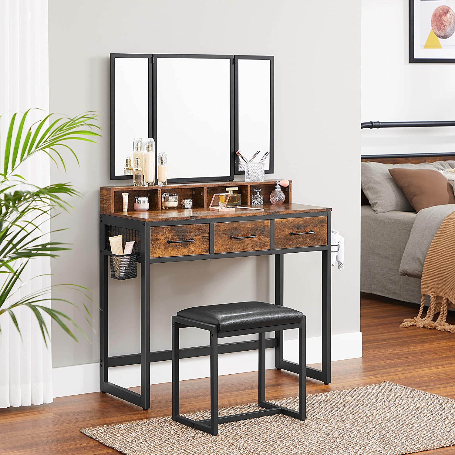 Nancy's Kelly Make-up Tafel - Kaptafel - Spiegel - Inclusief Kruk - Vintage Bruin / Zwart - ± 90 x 40 x 140 cm