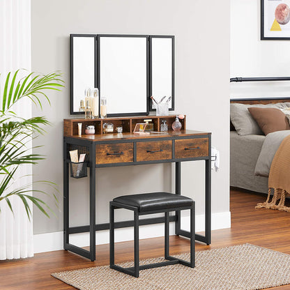 Nancy's Kelly Make-up Tafel - Kaptafel - Spiegel - Inclusief Kruk - Vintage Bruin / Zwart - ± 90 x 40 x 140 cm
