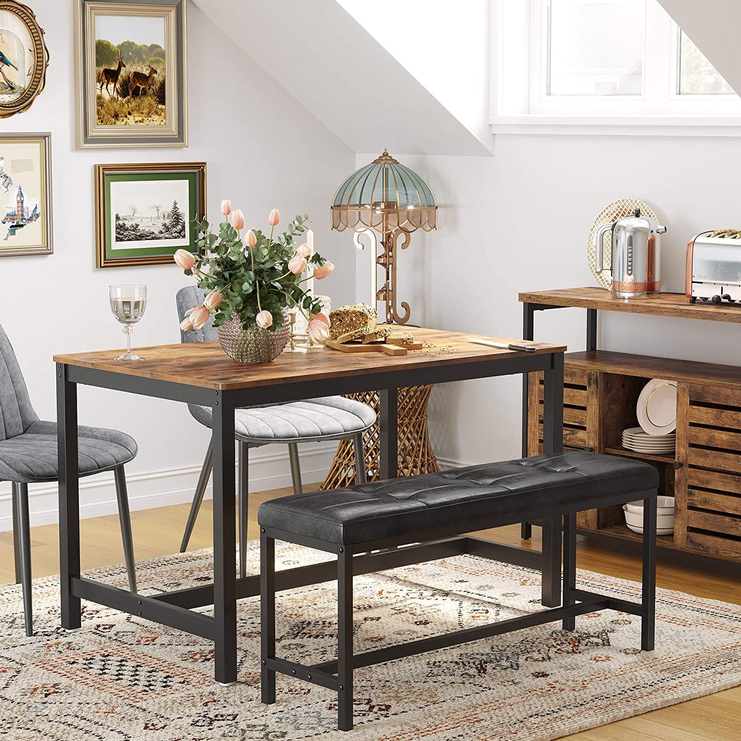 Nancy's Powell Eetkamerbank - Gestoffeerde Bank - Keukenbank - PU-Afdekking - Stalen Frame - Bruin - Zwart - 108 x 32,5 x 48 cm