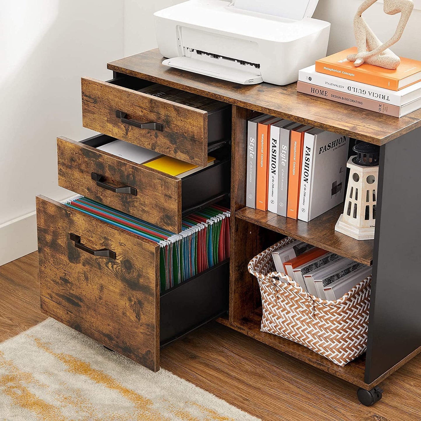 Nancy's Haystack Filing Cabinet - Rolling Container - On Wheels - 3 Drawers - Open Compartments - Industrial - Processed Wood - Metal - Brown - Black - 80 x 40 x 66 cm 