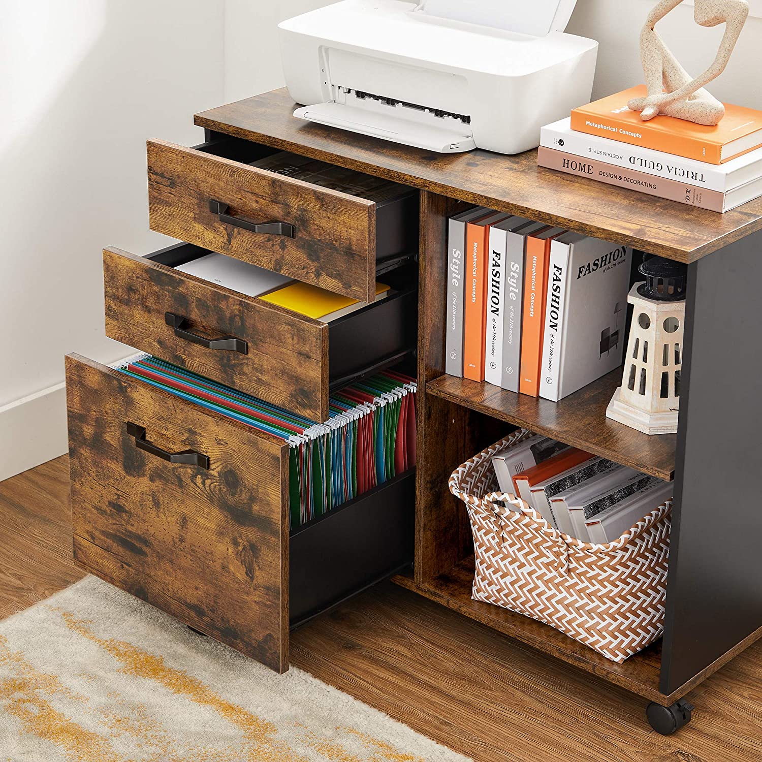 Nancy's Madras Archiefkast - Rolcontainer - Ladekast - Op Wieltjes - Opbergvakken - Industrieel - Bruin - Zwart - Bewerkt Hout - Metaal - 80 x 40 x 66 cm
