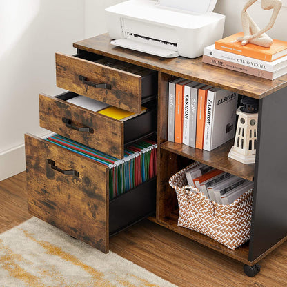Nancy's Madras Archiefkast - Rolcontainer - Ladekast - Op Wieltjes - Opbergvakken - Industrieel - Bruin - Zwart - Bewerkt Hout - Metaal - 80 x 40 x 66 cm
