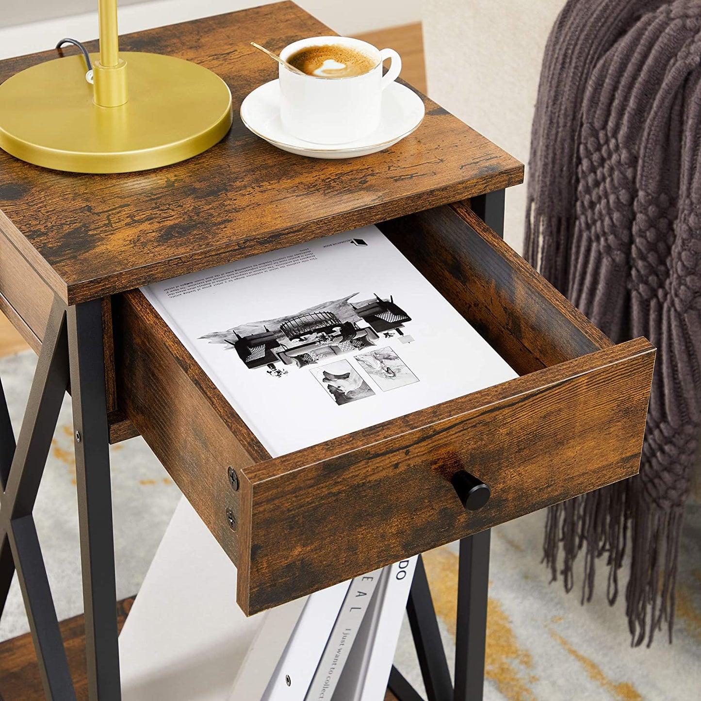 Table de chevet Nancy's Grenada - Table d'appoint - Tiroir - 2 Etagères - 35 x 35 x 70 cm - Industriel - Vintage - Marron-Noir