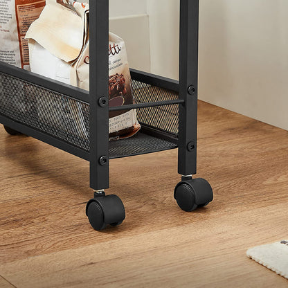 Nancy's Granger Serveerwagen - Keukentrolley - Op Wieltjes - Bewerkt Hout - Metaal - Bruin - Zwart - 4 Niveaus - 42 x 13 x 77 cm
