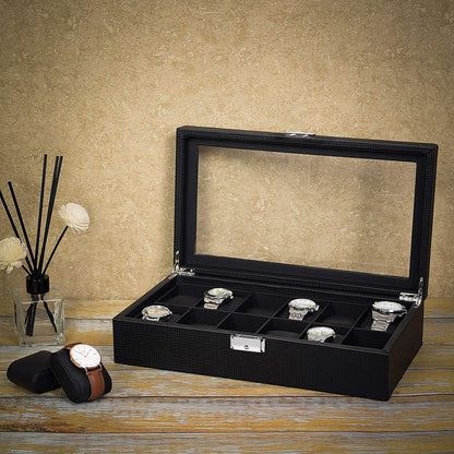 Nancy's Frank Hill Watch Box - Rangement pour montres - 12 Compartiments - Velours - PU - Boucle Métal - Noir - 36,2 X 9 X 21,3 cm