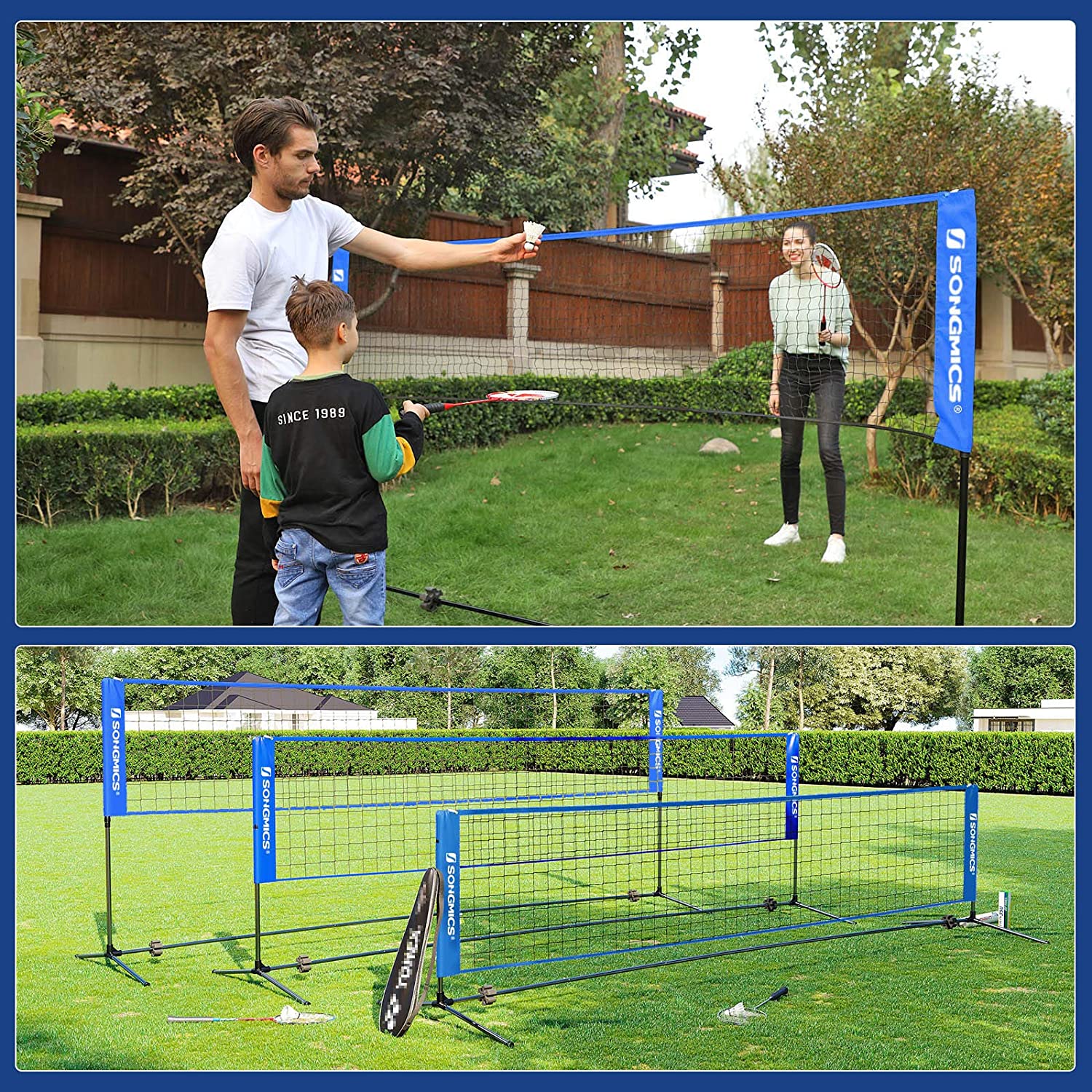 Nancy's Fullarton Badmintonnet - Tennisnet - Hoogte Verstelbaar - Ijzer Frame - Transporttas - Blauw - Zwart - Geel