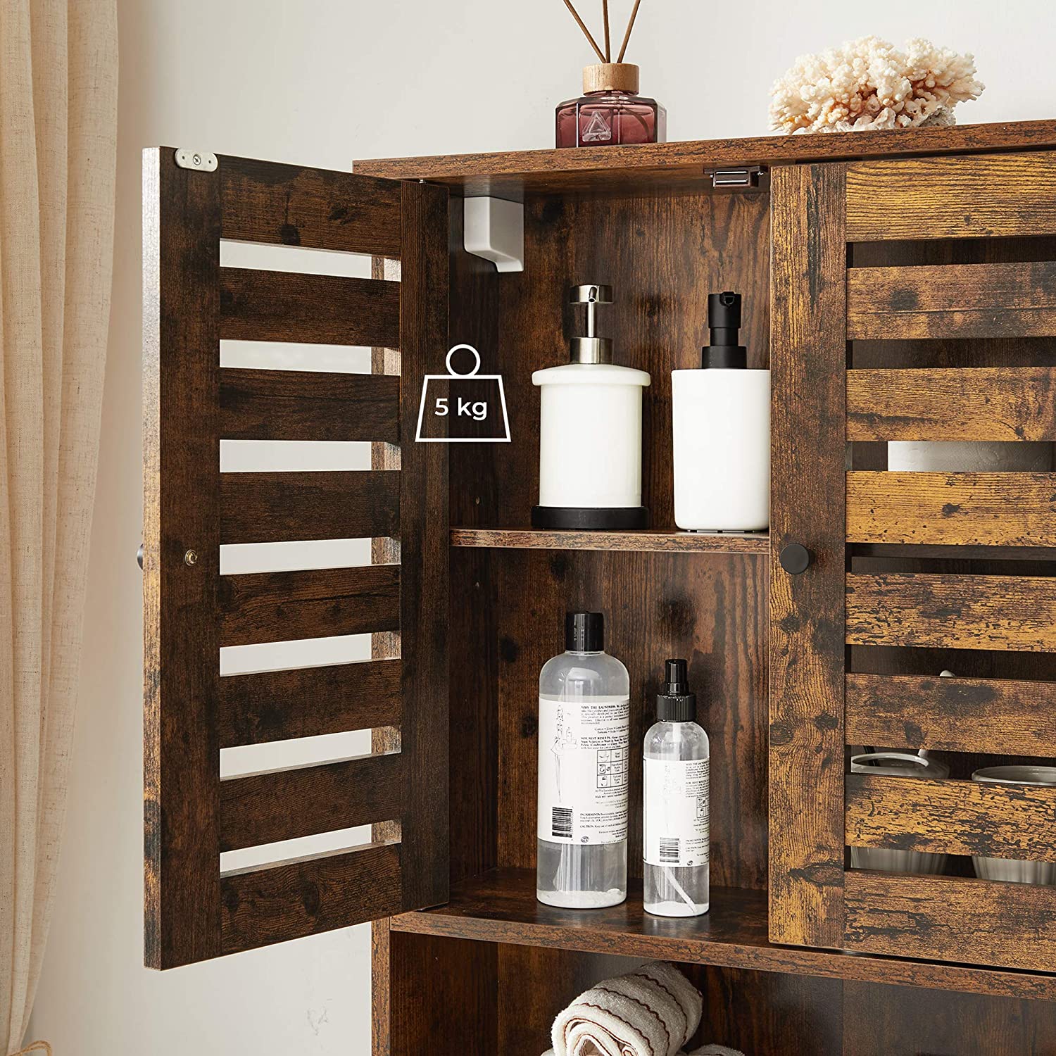 Nancy's Bolingbrook Wandkast - Badkamerkast - Opbergkast - 2 Deuren - 1 Open Vak - Bruin - Bewerkt Hout - Industrieel - 60 x 20 x 70 cm