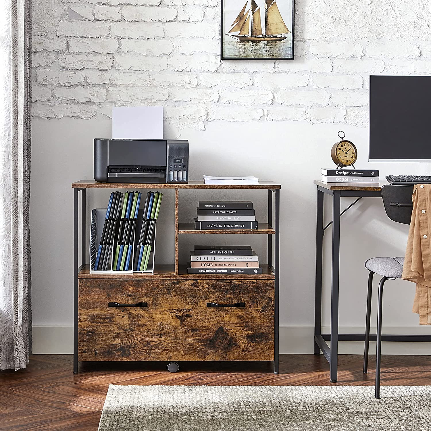 Nancy's Coppell Archiefkast - Kantoorkast - Ladekast - Opbergkast - Bruin / Zwart - ± 80 x 40 x 75 cm